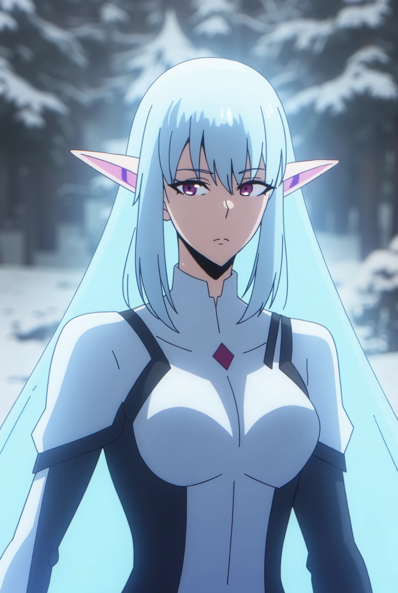 A white haired elf beautiful girl anime character, upper body, in a snowy weather and with super natural ice powers, wearing a battle suit and with the serious expression on her face _solo leveling anime style_