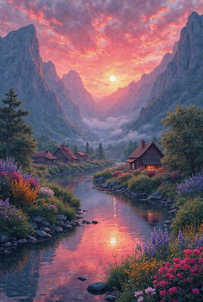A small village on the river, mountains in the background, colorful flowers, beautiful natural landscapes, atmospheric lighting, glowing red sunset, charming country house, swirling vivid colors,quiet water reflections, malerisch, Kunstwerk, best quality, 8k, extremely detailed, Anime-Stil