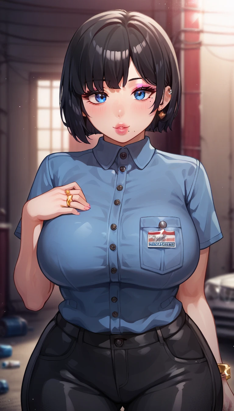 ((masterpiece)), ((best quality)), (ultra-detailed), absurdres, extremely detailed CGI unity 8k wallpaper, Official Art, Accurate describe shapes, beautiful face, expressive eyes, looking at viewer, solo, close-up, scenery, anime screencap, indoors, sofa, dramatic lighting, sitting, seductive smile, (mature female, older, huge breasts:1.4), milf, motherly, wide hips, curvy, straight hair, short hair, black hair, black eyes, parted bangs, police uniform, short sleeves, cleavage, short skirt, policewoman, police hat, collarbone, lips, HDR