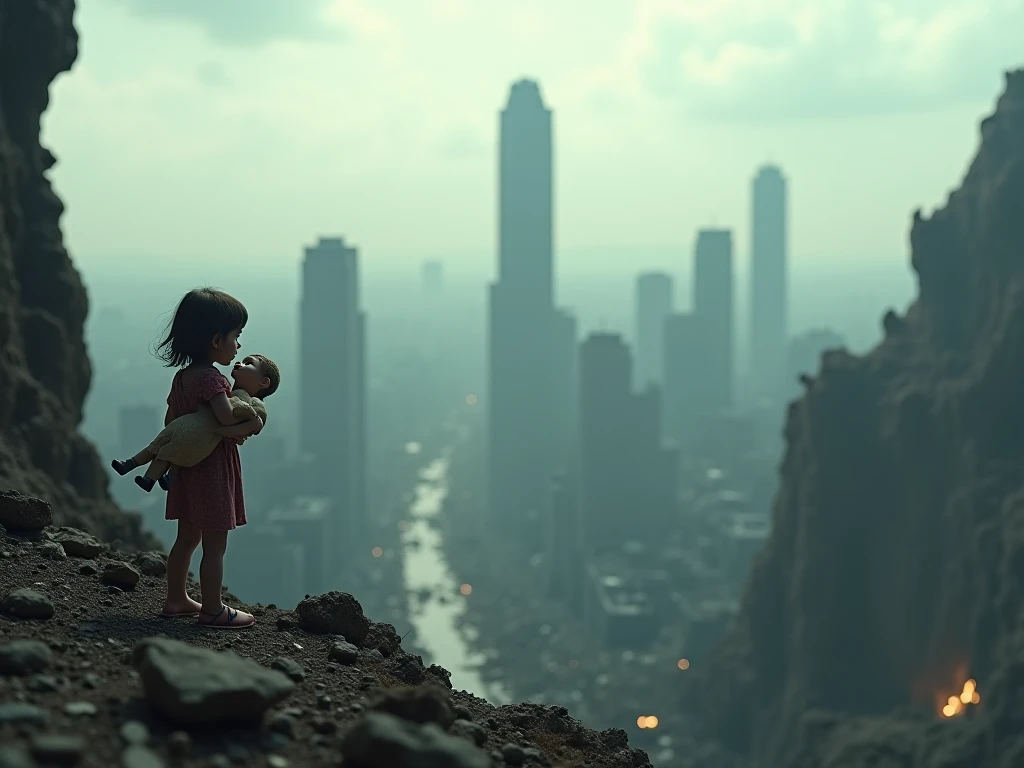 2024; (masterpiece, best quality) destroyed city (Rio de Janeiro)1sad girl looking up(close-up); bombs falling from the sky.