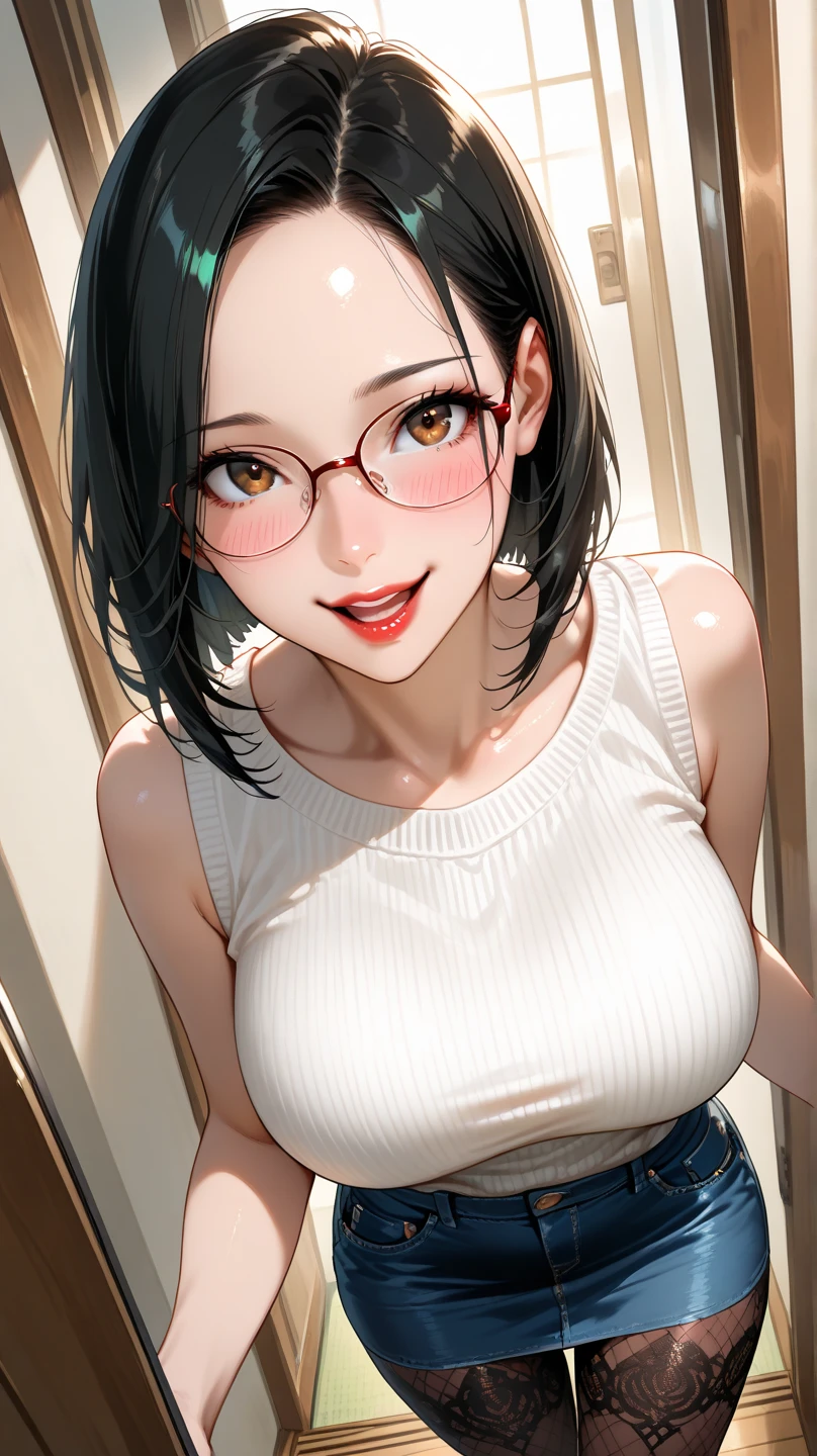 Sexy and cute woman, black hair in a ponytail, glasses, pink lips, purple knitted sweater, black pants, sitting on couch, seductive yet comforting smile, blushing, medium chest, cleavage, perfect body