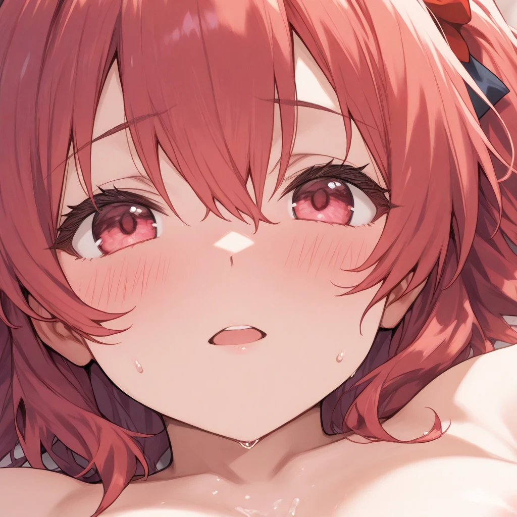 on the bed, rating_explicit, uncensored, source_anime, detailed eyes, Nausicaa, red hair, large breasts, round ass, nude, blowjob, fellatio, oral, penis, looking at viewer, blush, cum, cum in mouth, 1boy, pov, solo focus