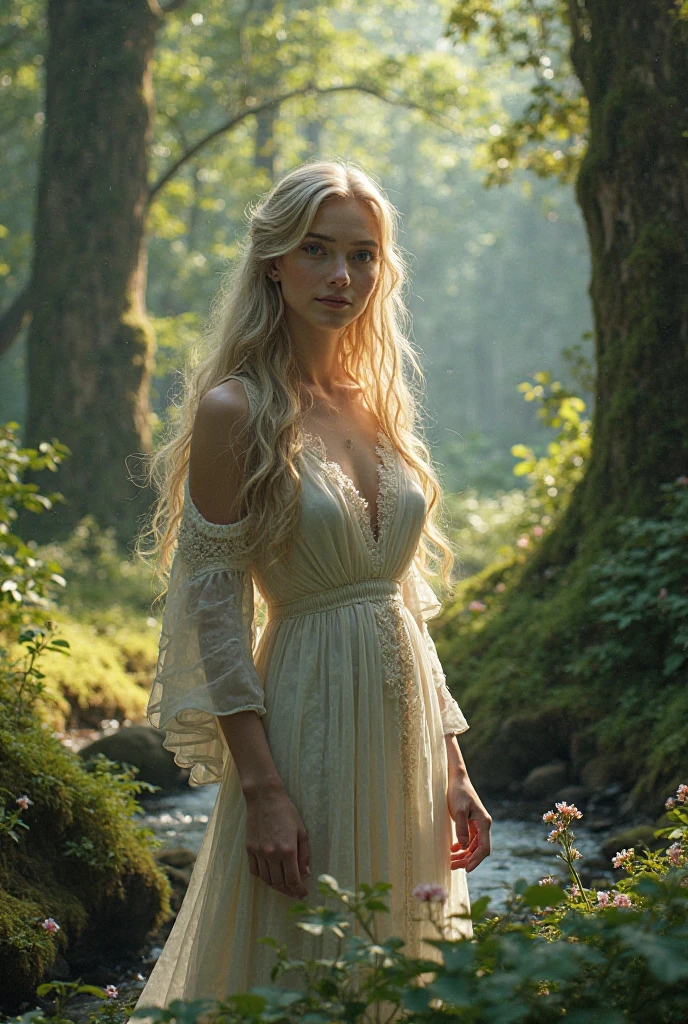 An ultra-realistic, elegant portrait of Lise Olsen, an 18-year-old Norwegian girl, in a serene forest setting. She wears a flowing, intricately detailed dress made of soft, translucent fabric that catches the sunlight filtering through the trees. Her long, wavy blonde hair is adorned with delicate flowers, and her blue eyes exude a gentle, serene expression. The scene is bathed in bright, soft diffused light, with a shallow depth of field that blurs the lush greenery in the background. The photograph is professionally color-graded, with a subtle HDR effect and captured in stunning 8K resolution, making every detail of the dress, hair, and natural surroundings vivid and lifelike