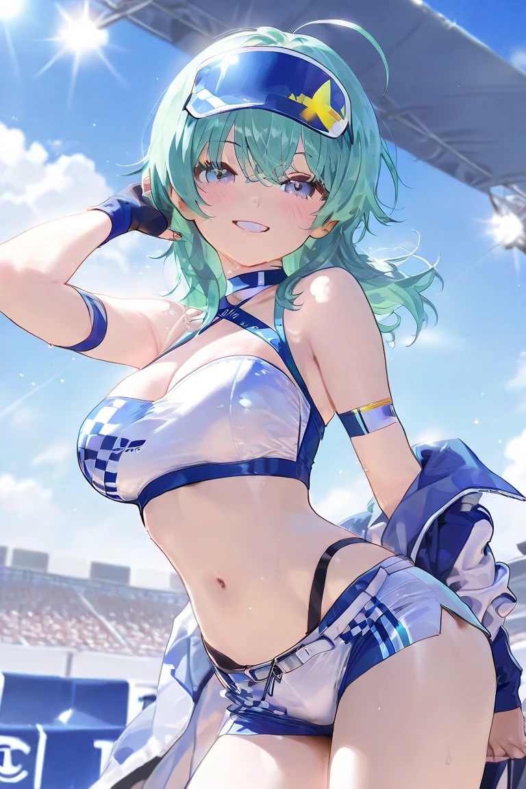 \(umamusume\), ((abs)), ((have a silky short tail)), (bikini), ultra-detailed face, masterpiece,best quality, detailed eyes, athlete, morning, official art, light smile, well-mucled, in stadium, pool, frontage