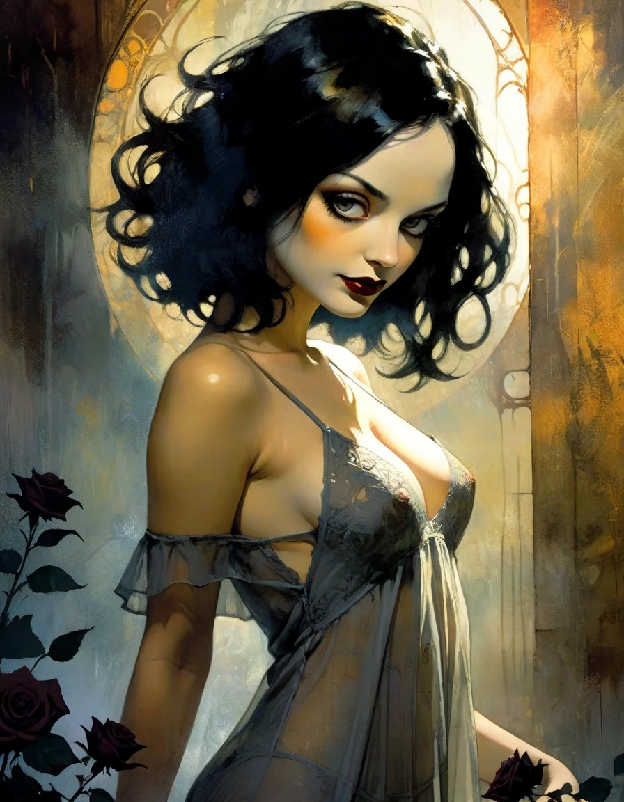 eroticism, sexy, black and white image,lingerie, between shadows, oil painting, chiaroscuro, sensual, dramatic lighting, moody atmosphere, photorealistic, intricate details, masterpiece, ultra-detailed, high quality, 8k, best quality, realistic, cinematic, dark and brooding, expressionistic, powerful composition, emotional impact, Bill Sienkiewicz inspired art