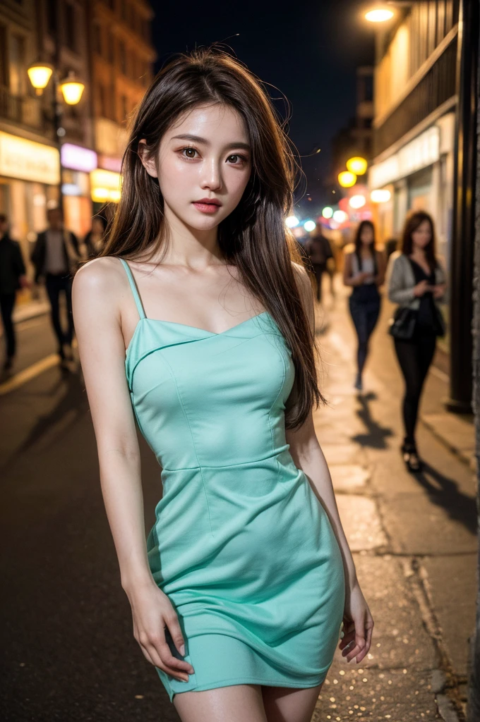 ((Realistic lighting, Best quality, 8K, Masterpiece: 1.3)), Focus: 1.2, 1girl, Perfect Body Beauty: 1.4, Slim Abs: 1.1, ((Dark Brown Hair)), (Aqua Dress: 1.4), (Outdoor, Night: 1.1), City Street, Super Fine Face, Fine Eyes, Double Eyelids,