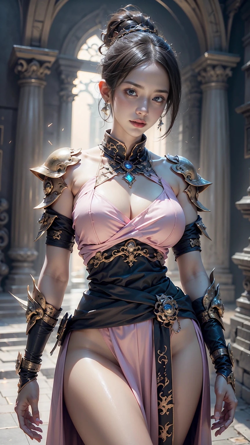 ((Waist shot)), Game Art，best image quality，close-up，32k，(Breast photo)，(image like)，(Close-up shot)，(rule of thirds)，การแสดงผล Unreal Engine 5 ทำงานได้， (Girl of the Future)，(Female Warrior)， 20 year old girl，   Elegant Smile  , for short hair, ((Hunter))， eyes full of details ，(big-breasted dress)， Peace Glorious and honorable ，Ignoring ，brave， pink sash，Glowing magic lines ，Thai outfit clothes during the 3rd reign，Medieval Ranger Stuffed with Dikli Lavadi,， Pose for a photo，simple background，Movie Lighting，imaging with radiation tracking，CG games，(( 3D Unreal Engine ))， OC Render Reflection Mode 