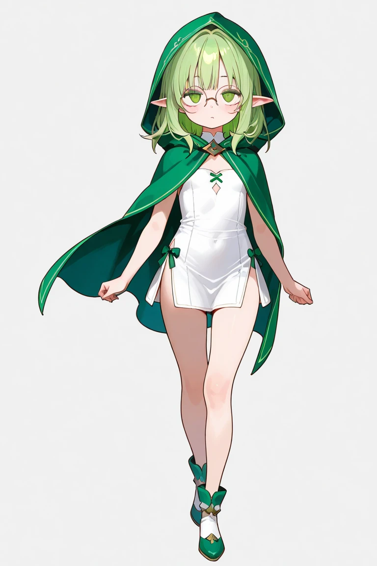 elf woman lifting her skirt and showing her panties, barefoot, standing both feet on the floor, full body, white background