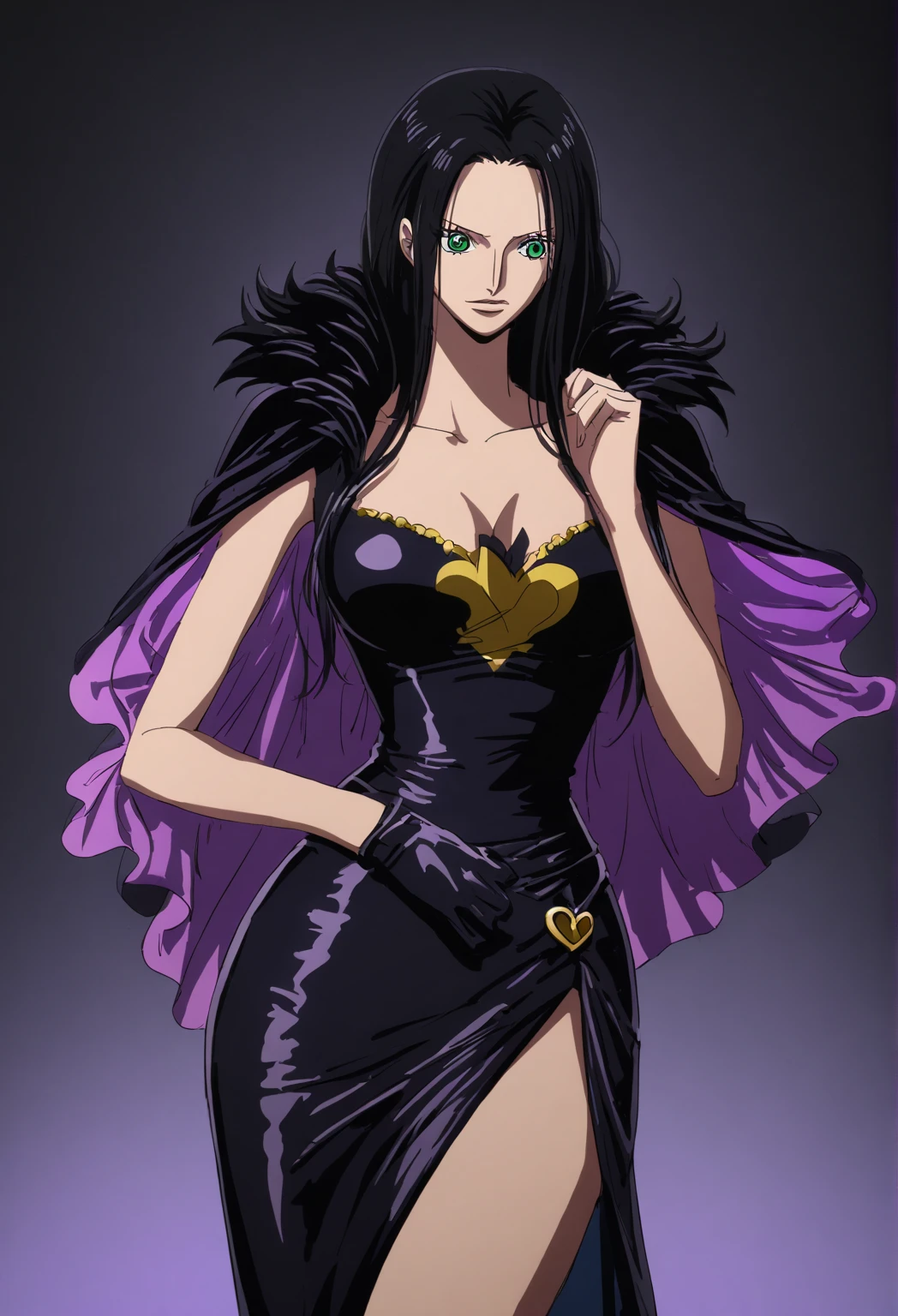 One Piece World, Nico Robin, Bad girl style, Dark Background, Gorgeous dress, Sharp eyes, Domineering posture, Mysterious atmosphere, High-quality rendering