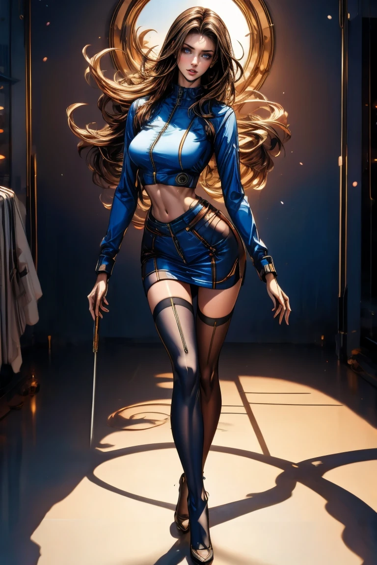 A full-body, ultra-detailed semi-realistic digital painting of a mature Croatian woman in her early 40s, with a tall, toned, elegant figure that radiates confidence and modern allure. Her proportions follow a 10-heads-tall fashion model silhouette, with a modestly full bust, narrow waist, long legs, and athletic posture. She stands with composed poise, one hip tilted, exuding refined strength. Her skin is light beige with a golden undertone. Her facial features are intensely sharp—extremely high cheekbones, a long, narrow aquiline nose, and a pronounced, angular V-line jaw that sharply tapers to a defined point. Her eyes are deep-set and narrow, stretched slightly upward with slanted outer corners, fox-like in shape. Her brows are arched and strong, enhancing her piercing gaze. Her expression is cool and composed, bordering on severe. Her lips are medium-thin with a pointed Cupid’s bow, colored in matte mauve. Her makeup is sculpted and strategic: metallic taupe eyeshadow sharply winged at the outer edge, smoked lower lashline, light contouring across jaw and nose bridge. She wears a minimalist race queen outfit: a fitted zip-up crop top in navy with silver panels and structural lines that follow her body. Her ultra-short asymmetrical skirt has clean navy-silver contrast with sponsor accents. Navy thigh-high boots with silver zippers and matching fingerless gloves complete the look. Her chestnut brown hair is sleek, straight, and waist-length, center-parted and flowing cleanly down her back without bangs or accessories. She stands at a modern racing venue with sunlit urban architecture and cool, directional shadows that sharpen her striking form. Masterpiece, best quality, semi-realistic, 8K resolution, cinematic lighting, hyperrealistic portrait, finely detailed.