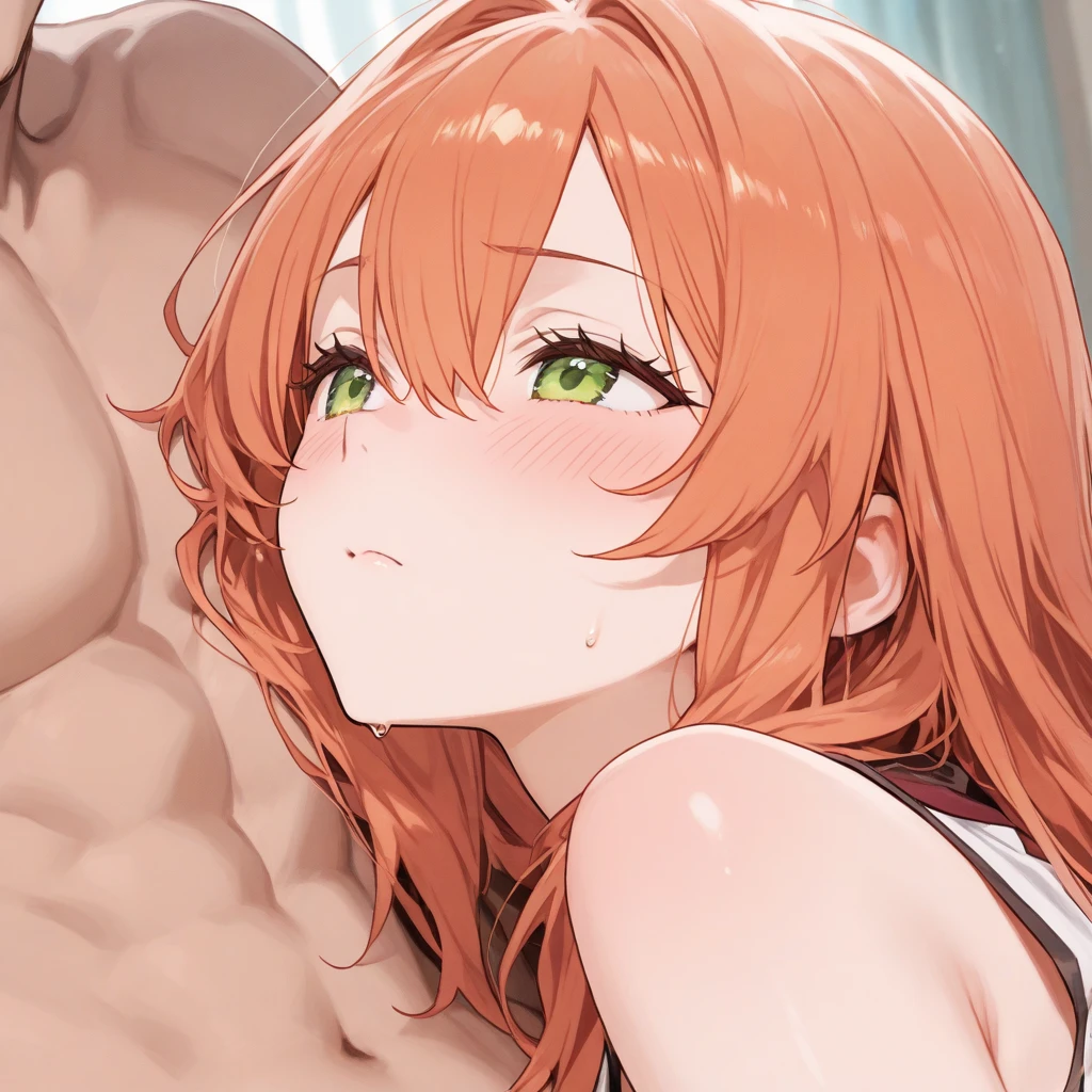 Girl sucking man's dick. In bed. Sex. NSFW. Sweat. Perspiration.