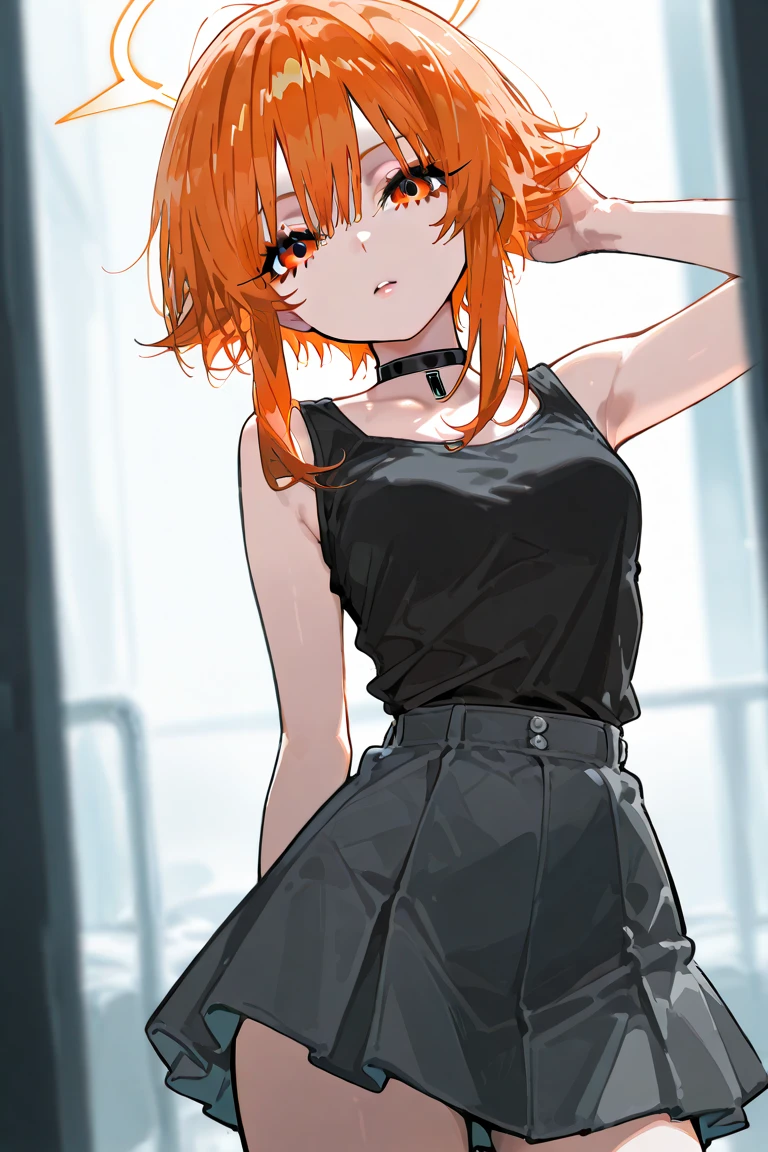 cute girl, short orange hair, Light white smoke comes out of her hair. her eyes are red, black clothes,