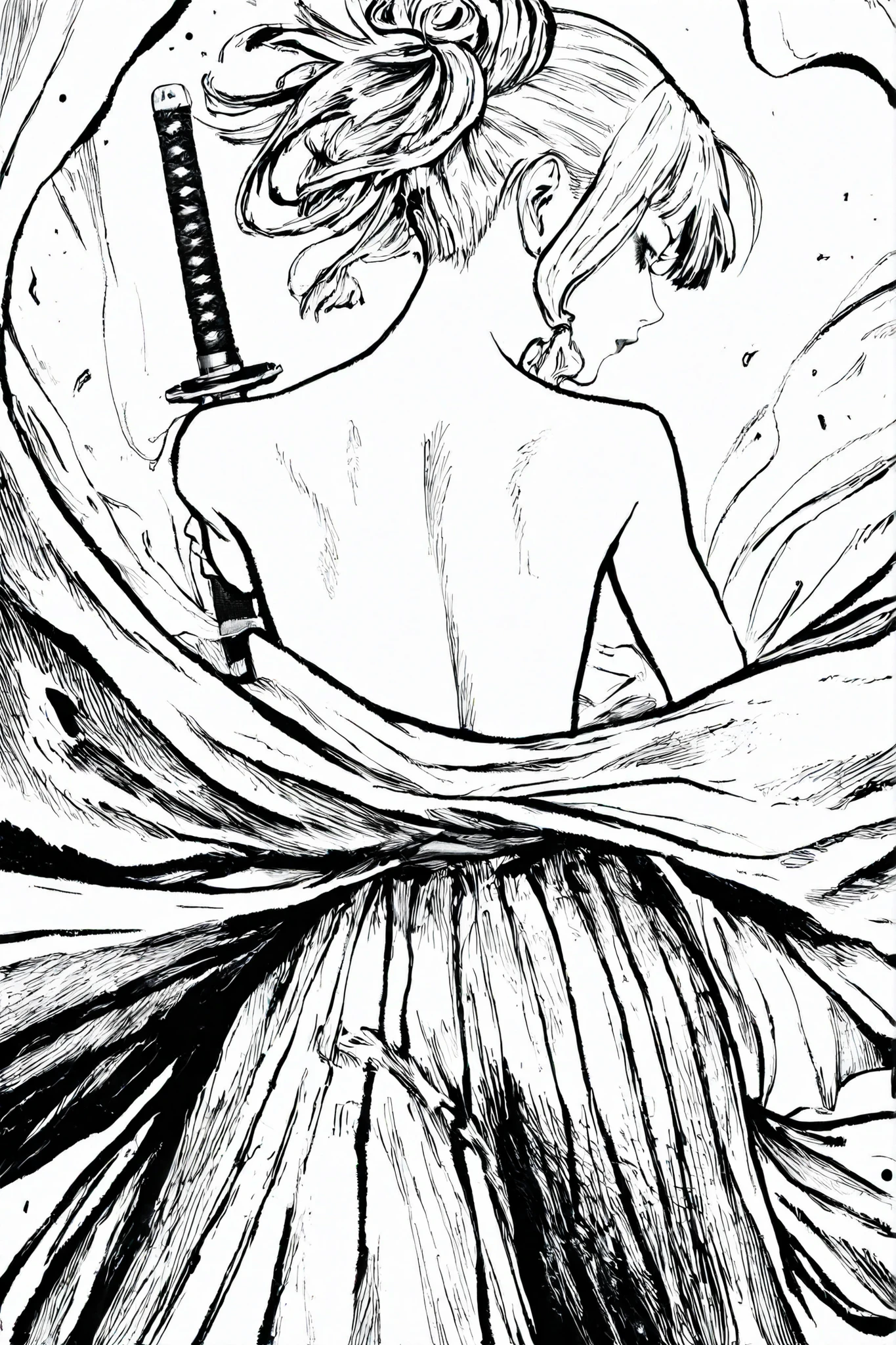 HDR, 8K, high contrast, masterpiece, best quality, amazing quality, very aesthetic, anime artstyle, realistic, hentai art, newest,
BREAK
bounce light, hyperdetailed, detailed hair strands, detailed fibers, monochrome, greyscale, line art, manga, Kentaro Miura, Berserk art style, Timbrook
masterpiece, semi-realism, hyper detailed hatching,
foreshortening, perspective, dynamic angle, dynamic perspective angle, very aesthetic, Dynamic pose, white background,
1girl, holding katana, from behind, unsheathing blade, sheathe, looking to side, flowing garments, bun hairstyle, white hair, (back to viewer: 1.0), greyscale, monochrome,