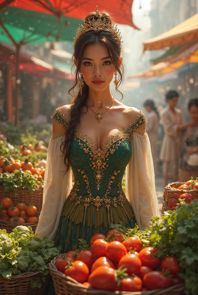 Generate a woman who sells vegetables, king, attractive and a little would be 