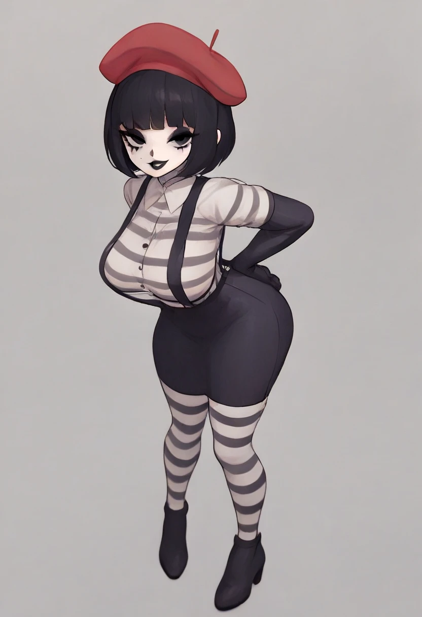 Full body image of Mavis Dracula from Hotel Transylvania, full body in image, wearing her original outfit (black dress with red and black striped tights and red Converse sneakers), short black hair, female body, slender and youthful body, dynamic pose, detailed pose, simple background, expressive face showing a cheerful smile, focus on face, line art, sketch, full body in image, wearing her original outfit (black jumpsuit with white stripes), short blonde hair, female body, slender and athletic body, dynamic pose, detailed pose, simple background, expressive face showing determination, focus on face, line art, sketch