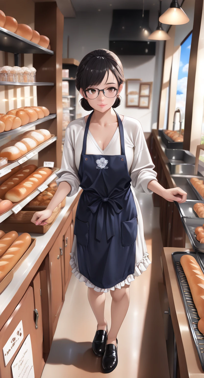 (Masterpiece, best quality, vibrant, high contrast, hyperrealistic, top quality, high sharpness, realistic, ultra realism, sharp, detailed clothes, highly detailed character, High Resolution, 16k, very detailed, Volumetric lighting, depth of field, cinematic, vibrant, dynamic lighting, dramatic light. Atmospheric effects. :1.3), 1girl, solo, 18 years old, ((Korean, Asian)), Pastry chef, adorable, (long black hair pulled back into a low bun and tied with a sky-blue thin ribbon, swept bangs, strands framing her face, a very messy but intentional style). expressive slanted brown eyes, bright smile, shortstack, (Young adult, cute, youthful), Background: Small family owned Pastry shop, family owned, pots and pans, baking ingredients, window view of Seoul street, baking utensils, ((wearing a short-sleeved white v-neck t-shirt, black modern Baji skirt, cute low-cut frilly sky-blue apron, Large black rimmed glasses, lip gloss, black eyeliner, black flat shoes)), Large-small perky breasts. Theme: A Young eighteen-year-old Korean girl starts her own pastry shop. Action: standing cute at the counter. kyomesug_yuu. thigh-length apron. cute pose while standing at the countertop, full pouty lips. bakery, indoors, shop, small amount of bread and baguette neatly arranged on display, window