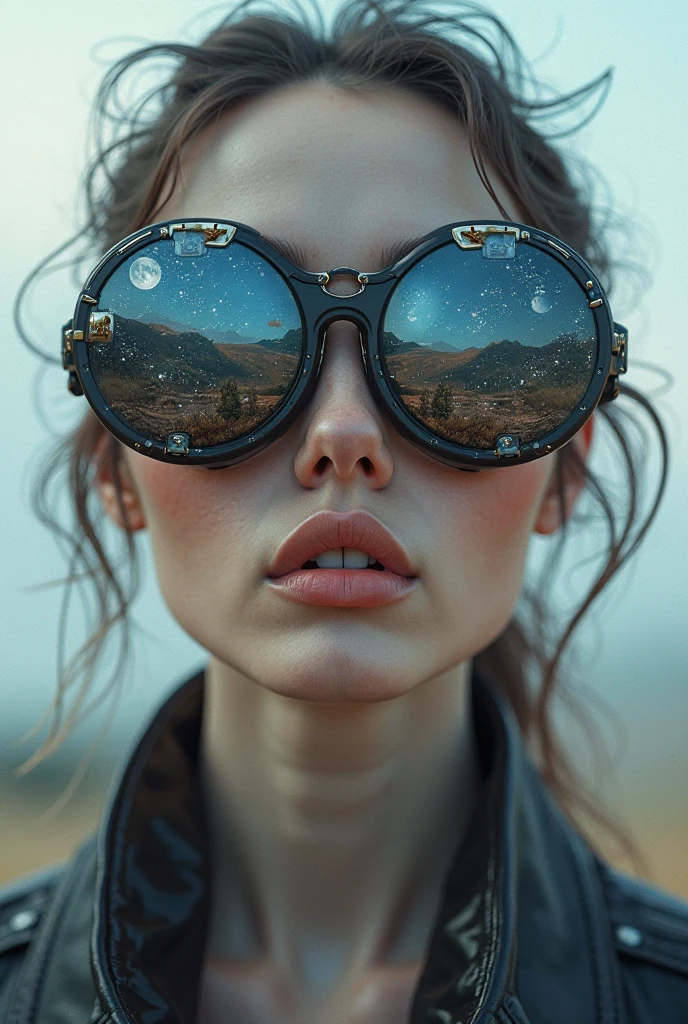 The model is wearing glass sunglasses with stars and the moon on the glass