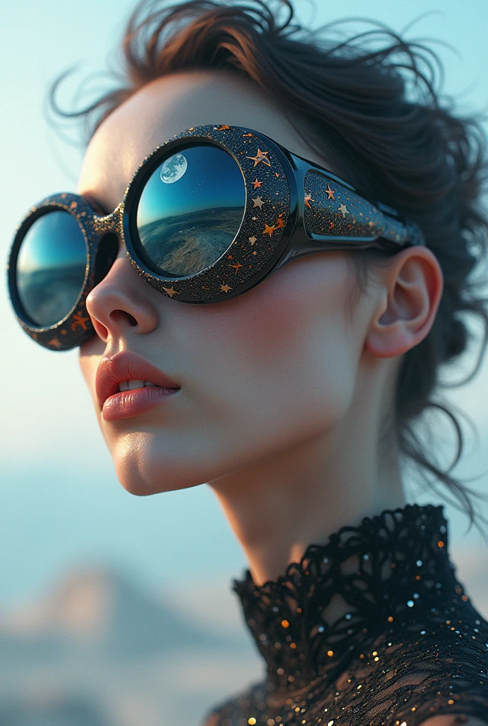 The model is wearing glass sunglasses with stars and the moon on the glass