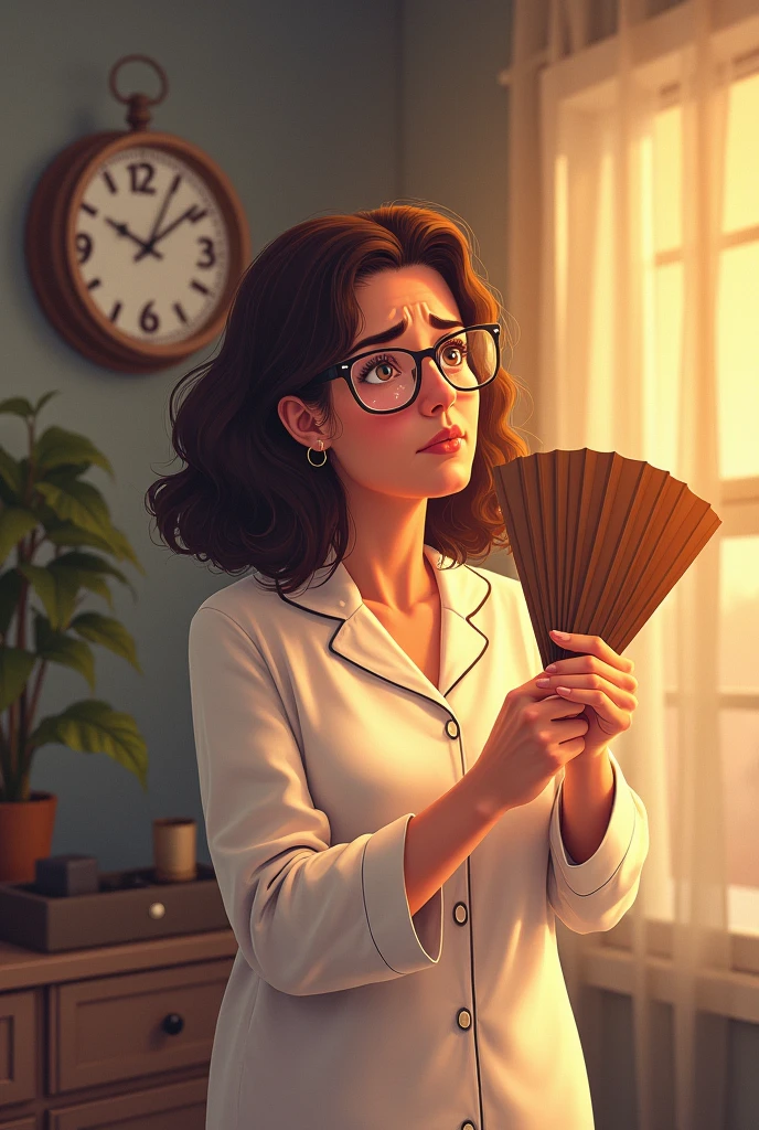 50-year-old white woman with shoulder-length curly brown hair, large thick-framed glasses, wearing pajamas, very hot, fanning herself, looking at a clock that shows it's 3 o'clock,illustration