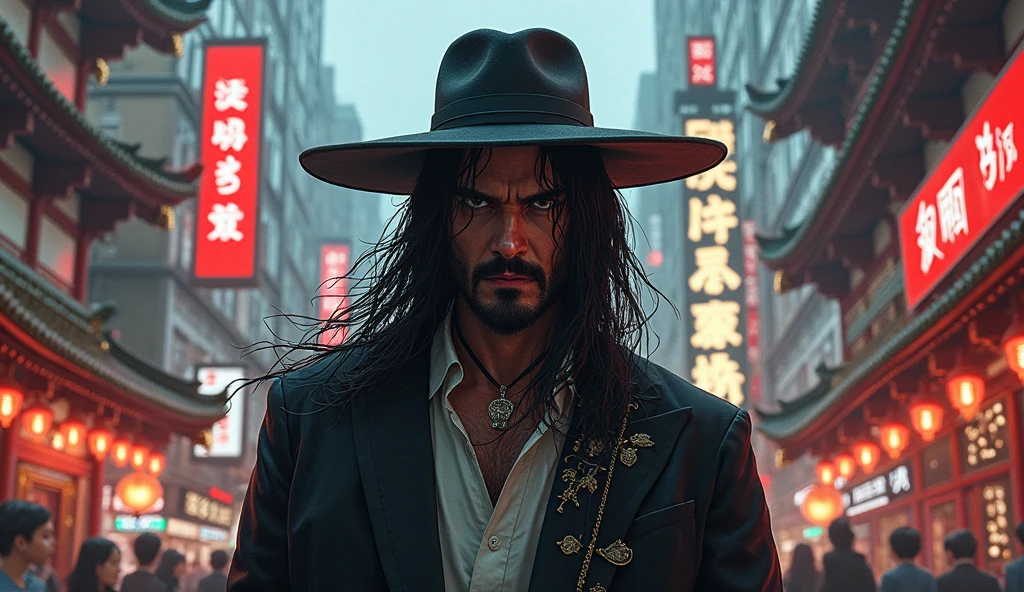 A captivating rock singer walking on the streets in Tokio in Japan under the light. The focus his performance standing at the center of city. His long black hair flowing under a stylish hat. His fierce expression and electrifying aura create a dramatic atmosphere. Surrounding him is the amazing builing, bread of japanese culture in elegant place.The scene is rich with vibrant colors and intricate details, from the sweat glistening on the musician face to the ornate designs on the clothes. . illustration of a dark fantasy scene featuring a singer John Wick-inspired musician leading his classic rock band under the spotlight of treets.