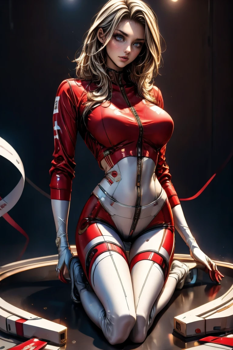 (extremely detailed CG unity 8k wallpaper:1.5),<(masterpiece:1.5), (best quality:1.7), high resolution illustration, (finely detailed eyes and detailed face:1.3), (detail:1.3, best quality, (ultra-detailed), (an extremely delicate and beautiful), (illustration), (painting),(masterpiece:1.5),cinematic light,dynamic angle,floating,sharp focus,(2d:1.7), (best quality:1.3),(illustration:1.1),((dishevelled hair:1.2),(beautiful detailed eyes:1.1),(cinematic light:1.1), Scarlet Johansson, wearing a Dr. Girlfriend costume, puffy nipple, full body, high heels, shoes visible,   small natural boobs, sitting cross legged, knee down, pose, plain blurry background