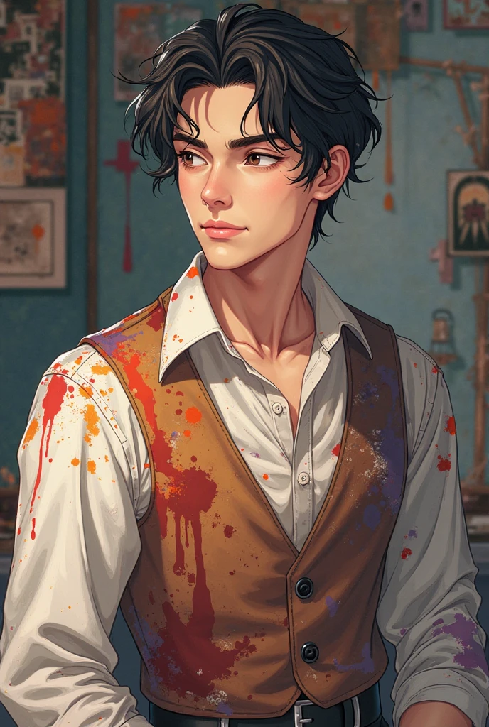  He wears clothes that are stained with dye because he is a painter and his features are concerned 
Anime category but without a mustache or beard. 24. I want to draw a handsome young man