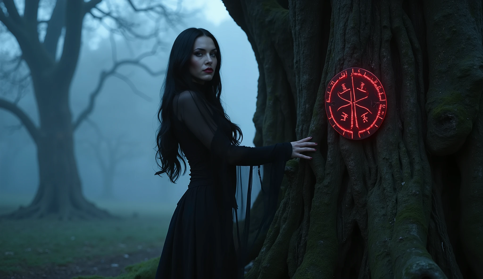A gothic beauty inspired by Megan Fox — porcelain skin, long flowing raven-black hair with dark waves, piercing ice-blue eyes, full blood-red lips. She has an hourglass figure wrapped in a torn, semi-transparent black silk gown that clings to her body like mist. The scene takes place in a dark, cursed forest — twisted trees loom in the fog, their branches reaching like skeletal fingers. In the center, a massive ancient tree with blackened bark and glowing blood-red runes pulses in silence. Mist creeps along the ground. The woman stands close, her hand extended toward the bark, her gaze filled with dark curiosity and forbidden desire. The light is cold and bluish, like moonlight filtered through nightmare. — gothic horror, fantasy realism, high detail, 16:9, cinematic lighting.
