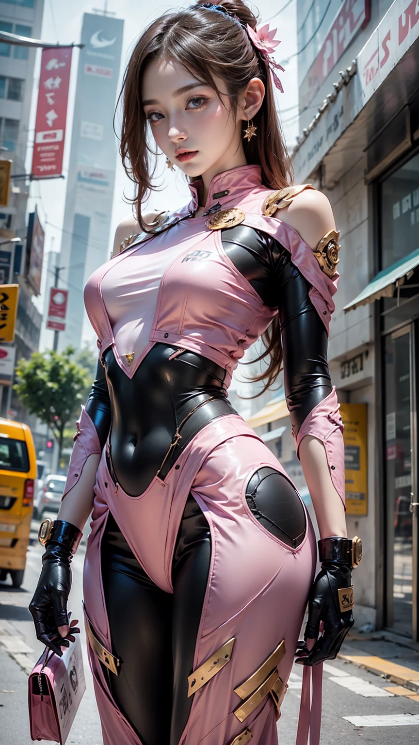 (Highres) (Detailed illustration) Ultra-detailed, blue eye color, glassy detailed eyes, detailed face, Asuka Koukawa, Taimanin, Japanese girl, hime hair, straight bangs, very long hair, ginger hair, visible muscles, athletic body, toned abdomen, thick arms, mechanical limbs, mechanical arms,very long hair, ultra-detailed face, ninja, pink opaque bodysuit, shiny latex bodysuit, detailed fishnets, detailed latex bodysuit, walking, cyberpunk japan, city at night, dark alley, dangerous alley, windy, windy hair, smug, smug expression, hero, sexy walk, walking away, big butt, well-shaped buttocks, open back bodysuit, juicy butt, full body, lower back dimples, butt dimples,