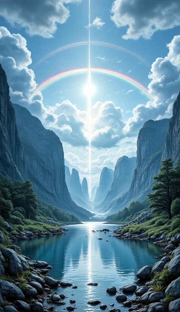 fantasy art, comic art, there is a magical rainbow falling from  white clouds, into a placid lake, tranquil lake, the rainbow and the clouds are reflected in the lake, National Geography photoshoot,  high details, best quality, 16k, [ultra detailed], masterpiece, best quality, (extremely detailed), dynamic angle, intricate details, hyp3rd3tail style
