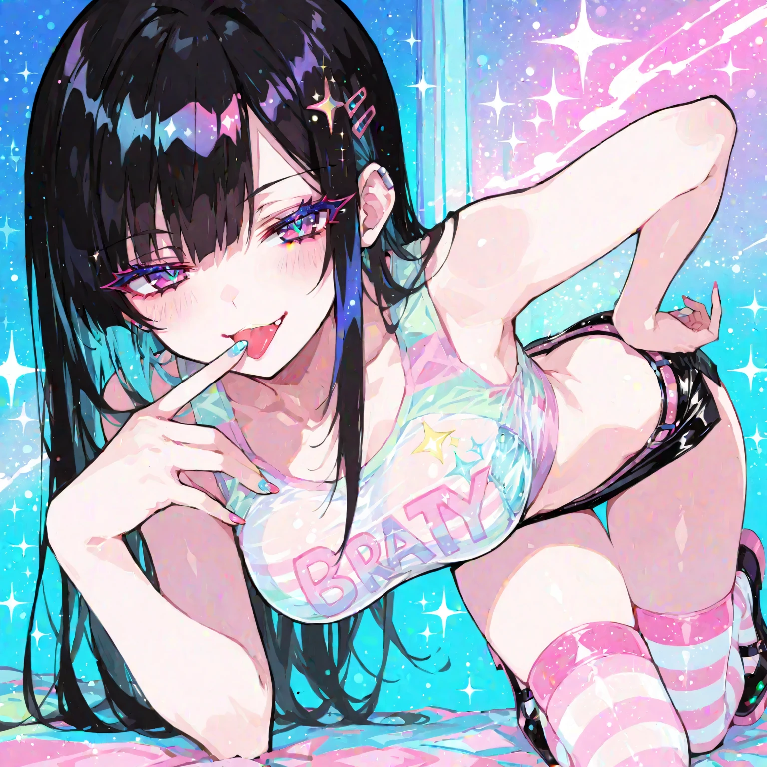 ((kinako (shiratama mochi) style)), colorful eyes, soft style, masterpiece, solo, 1 girl, topless, large nipples, nipples, black shorts, beautiful art, vibrant, colorful, medium breasts, multicolored hair, cat ear headphones, full bangs, , body, narrow waist, slender legs, hairband, choker, smiling, peace sign, spats, navel, thigh strap, abstract, paint splash, light hair, tongue out, long tongue, side tail hair ornaments, paint on body, waist pouch, heterochromia, star sticker on face, multicolored eyes, high angle shot, top view, black eyeliner, sparkling, winking, side view, arched back