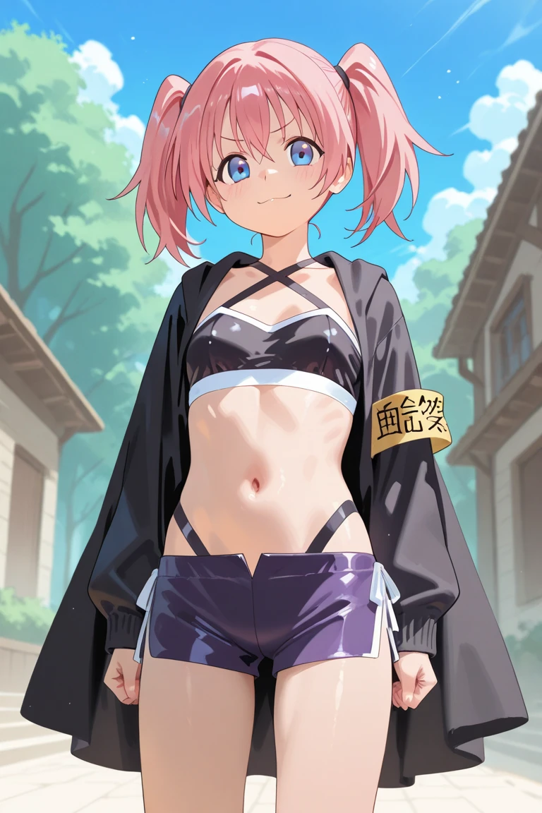 (Shota:1.5), (baggy:1.4), (Red Tank Top:1.3), (White panties:1.3), (bulge&erection:1.2), (Looking up:1.4), The wind is blowing, (((Highest quality))), (((masterpiece))), (((Super detailed))), (Love Sex:1.3), ((Spiked Hair)), (The wind is blowing), ((Pink Hair)), Wine red eyes, Raise your arms, ((smile)), (Open your mouth), ((Earrings)), blue sky, Grass, (Choker on neck), Underarm, Sweaty skin, ((Wet clothes)), Nipples, center, (Shooting from below),