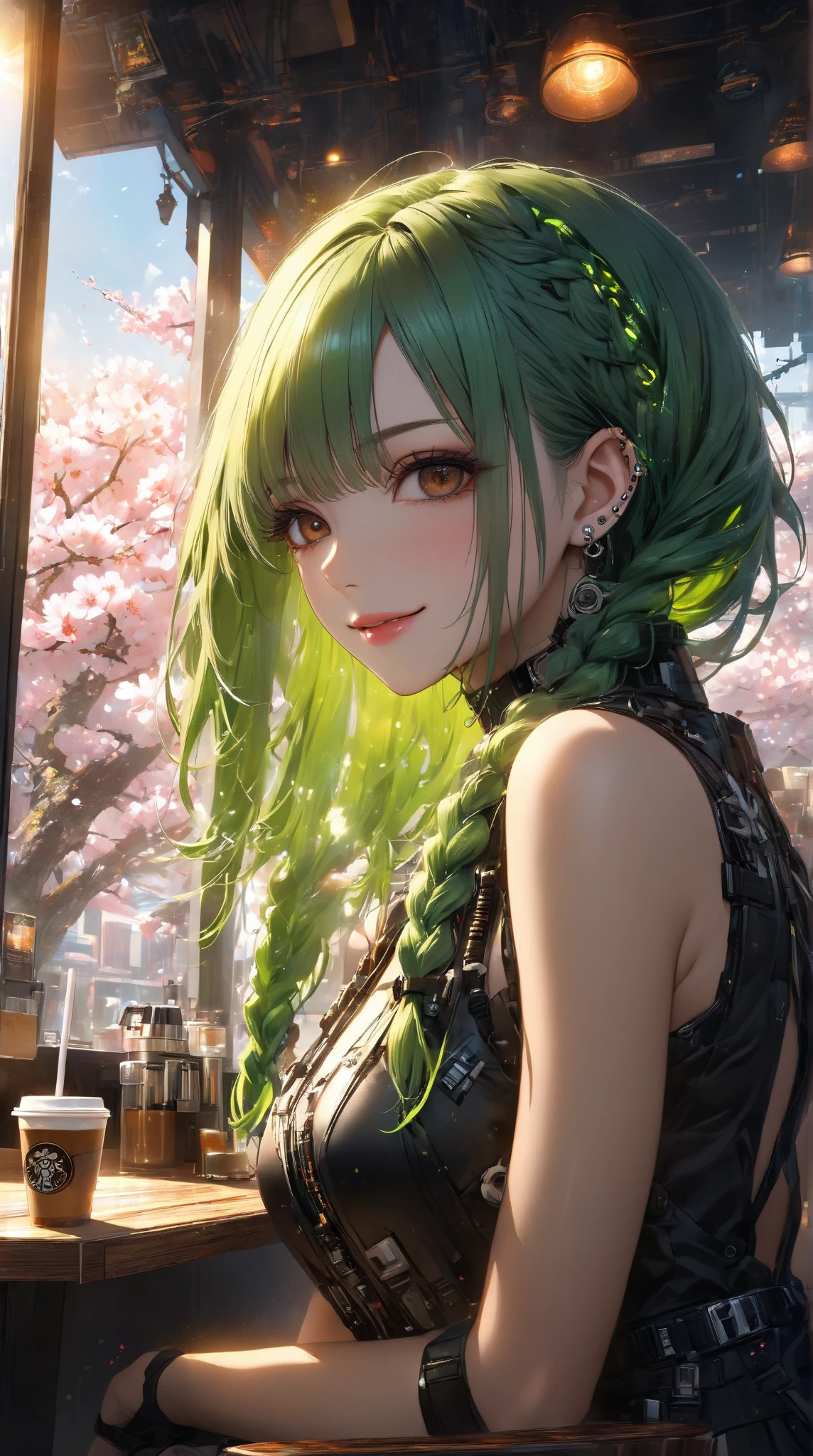 Super realism、hyper realstic 1girl.cyberpunk、
(Green hair color、brown eyes)side braids, smile、ta face、wear a cyberpunk gothic white ta design miniskirt dress、sleeveless、tights、 Gothic Accessory、piercing、eyeshadow、lip、Cafe where the sun shines in、drinks coffee、see cherry blossoms from the window(portrait angle)（ morning glow）（smile）