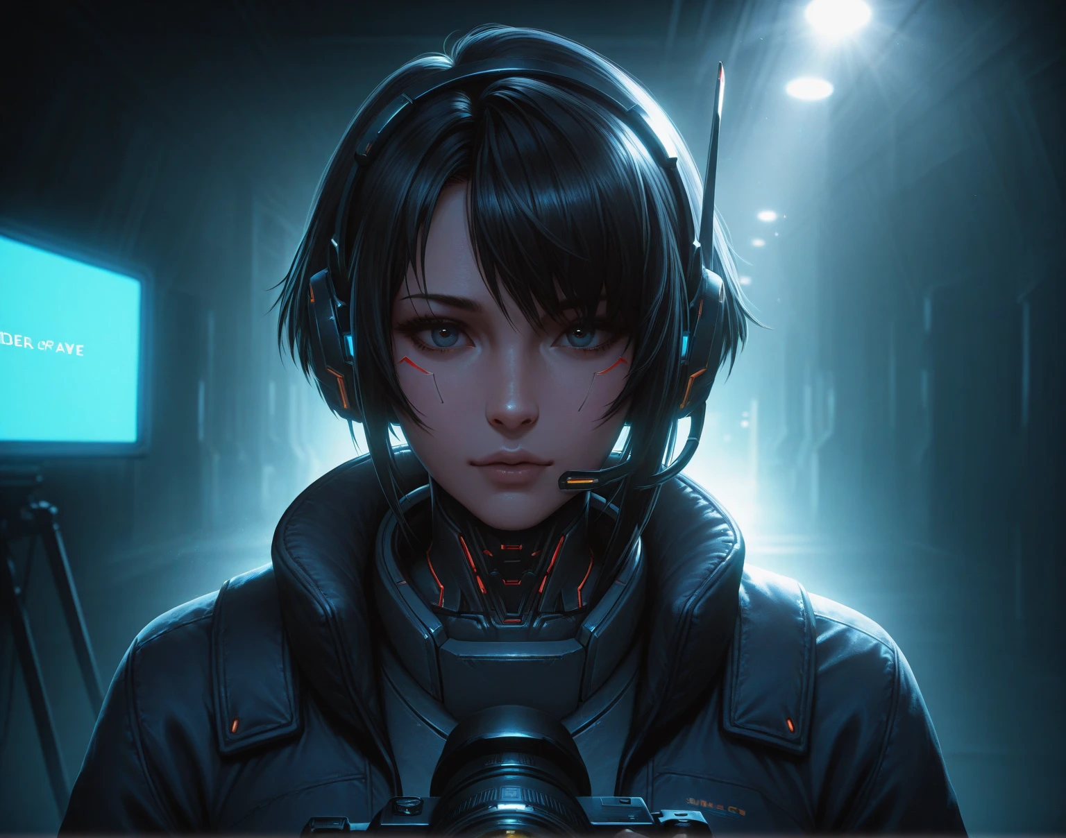 a woman looking at the camera,
front image, front view, half
human half robot, cyberpunk
style with futuristic headset,
black hair, , leds + Ultra Realistic
+ Cinematic Style, HDR, 8k,
Render, full HD, Ultra Detailed,
Side Light, sunlight, beauty light,
clear light, mega sexy e musclososa