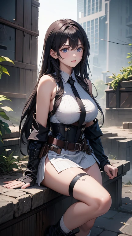(Thynasha:1.2),dark blue hair,very long hair, purple eyes,(beautiful detailed eyes:1.0), extremely detailed face, perfect lighting, hair between eyes,bangs, (black beret, black jacket, open clothes, cleavage, midriff, black medium skirts, black thighhighs, thigh strap, fingerless gloves, single glove:1.2), Photo,sharpness, F1.6 lens,hyper-realistic textures,spectacular light textures, Cinestil 800 Fashion Mechanics,(((Beautiful woman with left leg restrained by chains))),Appearance,Beautiful girl with accentuated slender abs: 1.1,six-pack abs: 1.1, Bust Botox,Standing on tiptoe, long legs,Long brown hair fluttering in the wind,Brown hair, Long hair, Female Warrior Costume,(No panties,No bra),(tacticul battle fashion,elbow and knee tacticul battle fashion, battle glove: 1.1),((cute batre costume)),The belly comes out and the navel is visible,Thin sheer costume, combat gloves,shredded costumes,cyber long combat boots with golden knee pads,Anatomical,(futuristic sci-fi battle fashion, new elbow and knee cyberpads, new cyberlong boots, new cybergloves: 1.1),(tied perfectly by iron chain:1.3), Restraint, Slave, collars, contempt, (Chained), 4 chains hung from heaven, Metallic shackles and fetters, wet crotch clearly visible,((Hands are restrained above the head)), the neck is chained,Chain from left knee to heaven,Chained by rusty iron chains,((the tip is protruding, areolas protruding,The shape of the pubic harearea is clearly visible:0.9)),Sweating,Wet,Wet crotch,Wet thighs,Junkyard, Realistic, (cute, perfect clothes, skimpy clothes, cute: 1.3) ,Vast miritary base in us,((wide mirtary hospital with summer sunlight)), peeling ceilings, Rebar between, Realistic material details, Extreme details, Ultra-realistic materials,narrow waist,(with sparkling eyes and a contagious smile:0.9),looking at viewer,