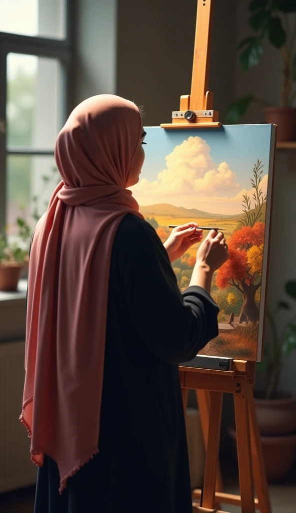 Show me a landscape image of a brown woman covered with niqab and hijab happily painting with brushesh on a yellow wall