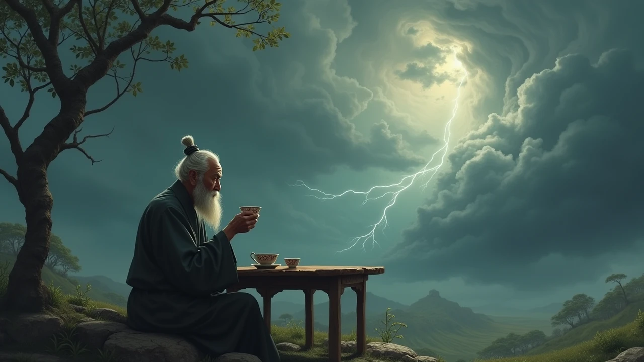 A wise man sipping tea alone at a wooden table, while a storm rages in the distance — untouched, still.