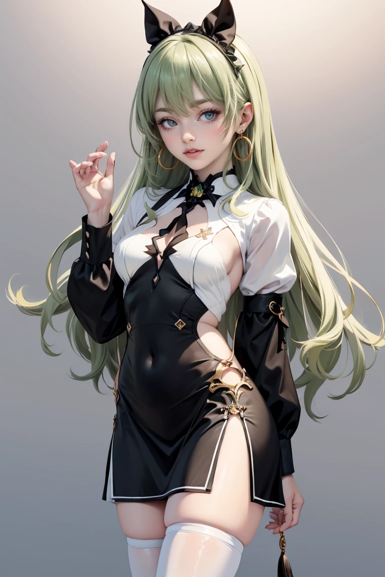 1 girl, green hair, gradient pupils, gradien eyes, look viewers, red lips, 8k, v1.0, absurdres, high res, baret hat, nice shadow, Fair skin, hair strand, side braids, masterpiece, best quality, anime 2.5D style, japan musume, hands back