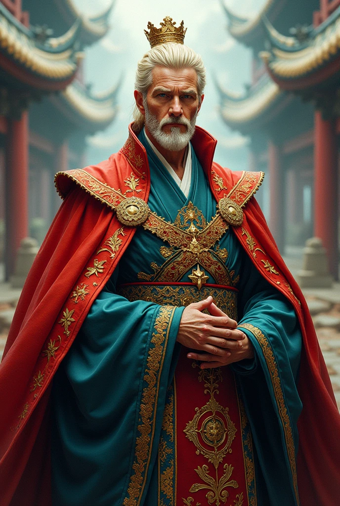 40-year-old man, emperor's dress,rey, blonde with blue eyes, Manhwa style .