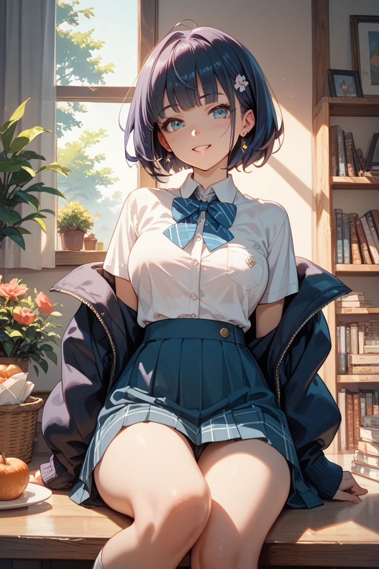 (Highest quality, High resolution, Masterpiece, 4K), (Soft light、Luster of hair、Beautiful eyes)、young woman、The whole body is visible、Adorable smile、 ((Wavy medium short hair, bangs, Chestnut Hair)), ((Wistful eyes、Gray Eyes, Perfect Eyes)), ((Detailed face, blush:1.1)), ((Smooth texture:0.75, Realistic texture:0.65, Realistic:1.1, Anime CG Style)),Medium chest、Dynamic Angle、A body with just the right amount of flesh、(Sexy thighs、I see beautiful legs)、(Purple cardigan、Checkered Skirt)、Earrings、Angle from the front、Peeking into this、The hem of the top is visible、Angle from below、Meeting up for a date、Office Desk、Room with curtains、Dark Wallpaper、Dreamy eyes++