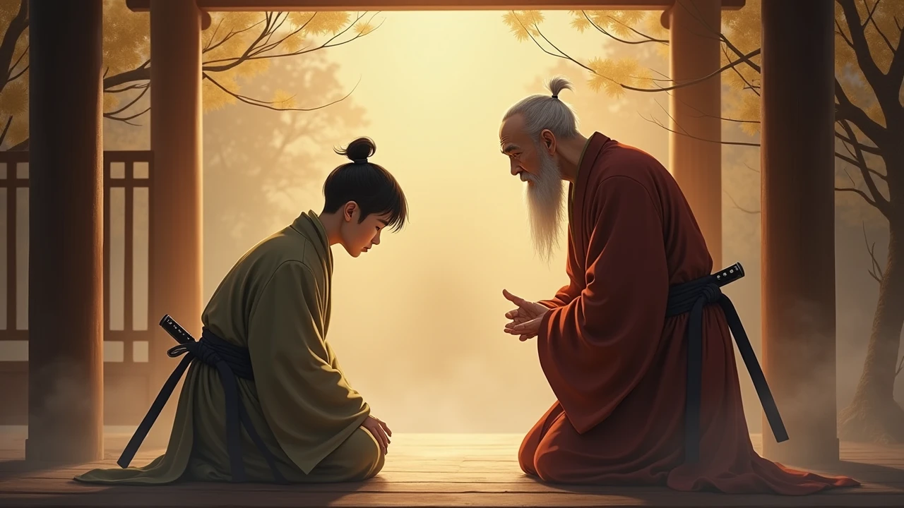 A young man bowing respectfully to an elder while offering tea, but behind his back he hides a sharp blade. The elder looks peaceful and unsuspecting. The scene takes place in a traditional tea pavilion with ancient wooden architecture and mist floating in the air. Soft amber tones with subtle contrasts between light and shadow create a feeling of betrayal.