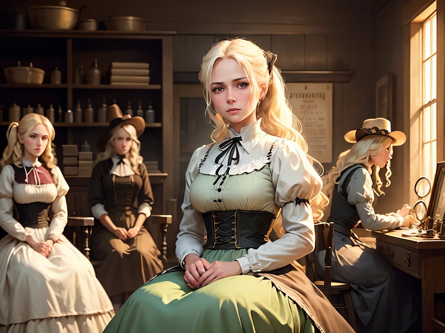 High quality image, graphic art of one platinum blonde haired lady wearing a 1903 style dress, bright soft green eyes, long wavy hair in a side ponytail, American old west scene in Tailor shop with mannequins in the background, vector image, sat down hand sewing clothing, red dead redemption, realism, soft pale skin with rosy cheeks