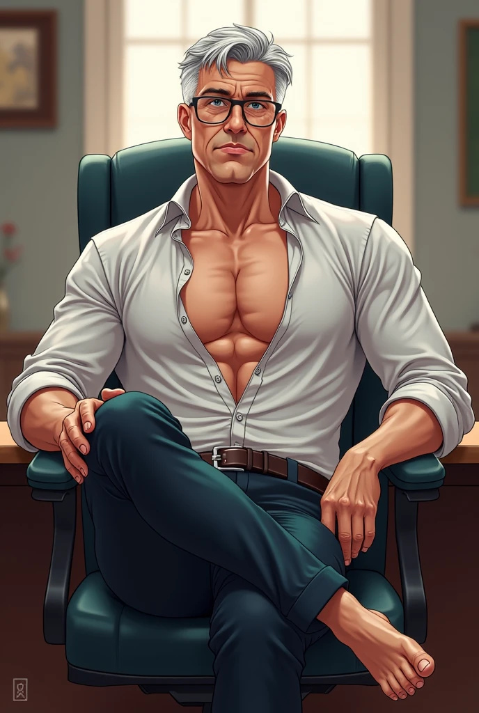 a hunky nerdy man in nerdy outfit sits on a chair in front of computer in a cosy modern high-end PC room, 4K, HDR, natural light, highly detailed,