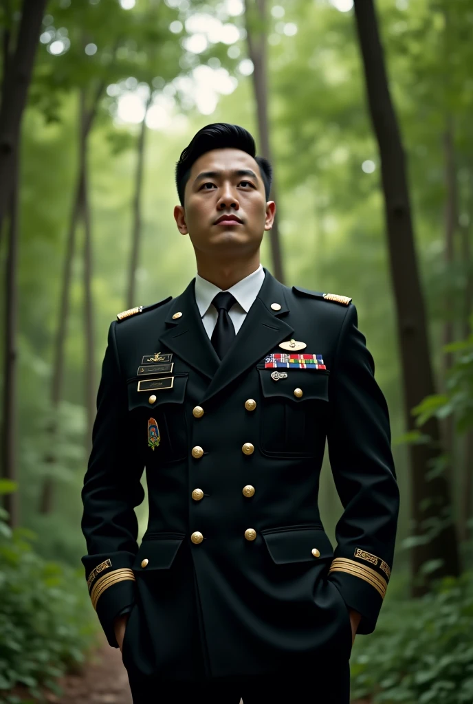  35 year old man , Asian, clean-shaven,  black military uniform , in front of the forest, 