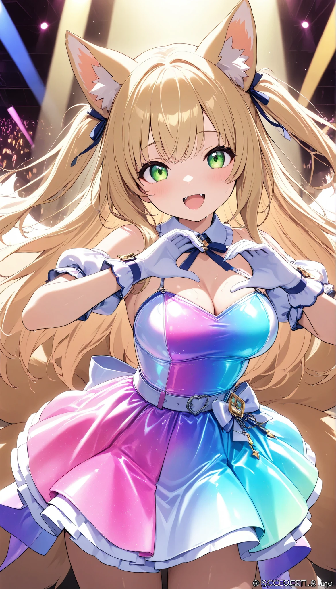 score_9, score_8_up, score_7_up, score_6_up, score_5_up, score_4_up, Embarrassed, (masterpiece:1.3, perfect details:1.3, best quality:1.3, 8k wallpaper), ((beautiful detailed eyes, clean eyes)), source_anime,
((1girl, fox girl, blonde long hair,multiple tails,fox tail,fox ears, medium breast, green eyes, mouth with fangs)), (wet skin), looking at viewer, idol dress, singing on the stage, ((green Idol costumes, iridescent gradient dress, Iridescent Gloss Gradient dress)), idol-themed scene featuring young performers in dazzling, The performers should have dynamic, expressive poses, sparkling accessories, set on a glamorous stage with bright spotlights and a lively crowd in the background, steage, live stage, smile, Alluring expression, Music Stage, Festival