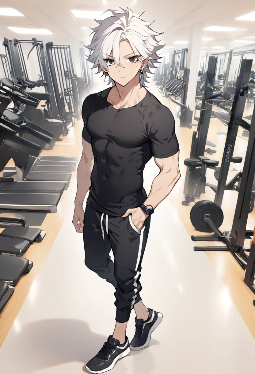 (Young guy), ((handsome)), strong, (very strong), 1guy, (solo), (silver medium hair:1.1), (blue eyes:1.1), ((eyes details)), fit body, black compression shirt, white joggers, ((light smile face expression)), anime hight quality, masterpiece, medium shot, hands in pockets, modelshot