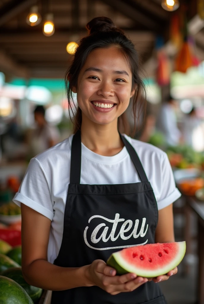 realistic photo shows a 28 year old Sundanese girl selling iced tea. She was wearing a knee-length white house dress, chubby, her hair was dyed slightly reddish, tied in a ponytail, wearing a necklace that said "ripto" She was in a simple booth that was marked "ES SUSU TETEH" in big letters and spelled correctly. Late afternoon atmosphere, illuminated by the setting sun. very detail.