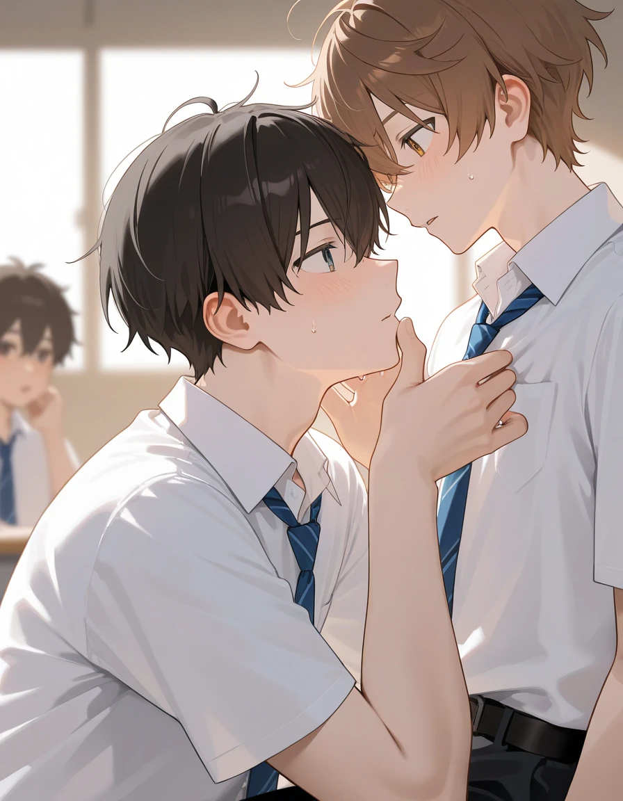 A guy and a pre teen boy,talking, indoors, (masterpiece, best quality, absurdities), school, classroom, sportswear, looking at each other, light blush,