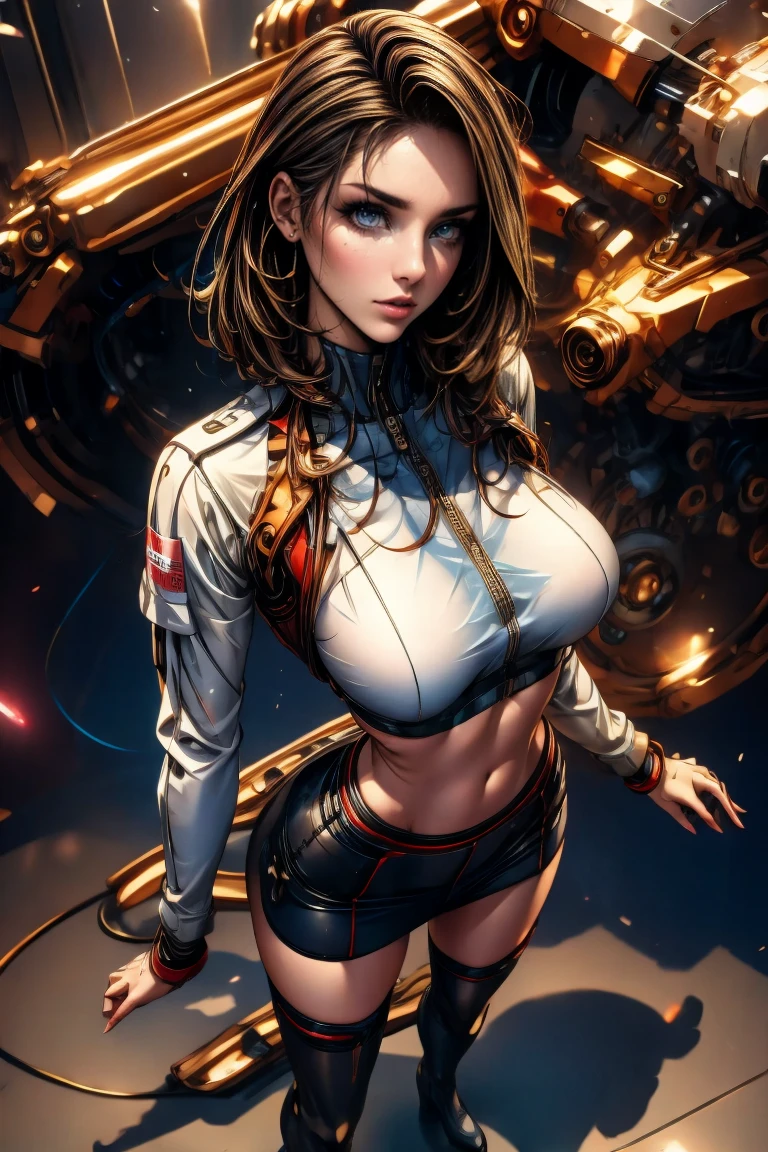 (8k, mejor calidad, Obra maestra:1.2), ultra detallado, Obra maestra, Realistic lighting,Obra maestra, mejor calidad, Obra maestra, artes oficiales,extremely detailed CG unity 8k wallpaper,Hermosos detalles ojos, luz en la cara, 1 chica, Asca,parte superior del cuerpo, pecho, piloto_traje, plugtraje, rojo_chaqueta, Cortavientos, guantes, vendaje, cabello_ornamento, bracer,