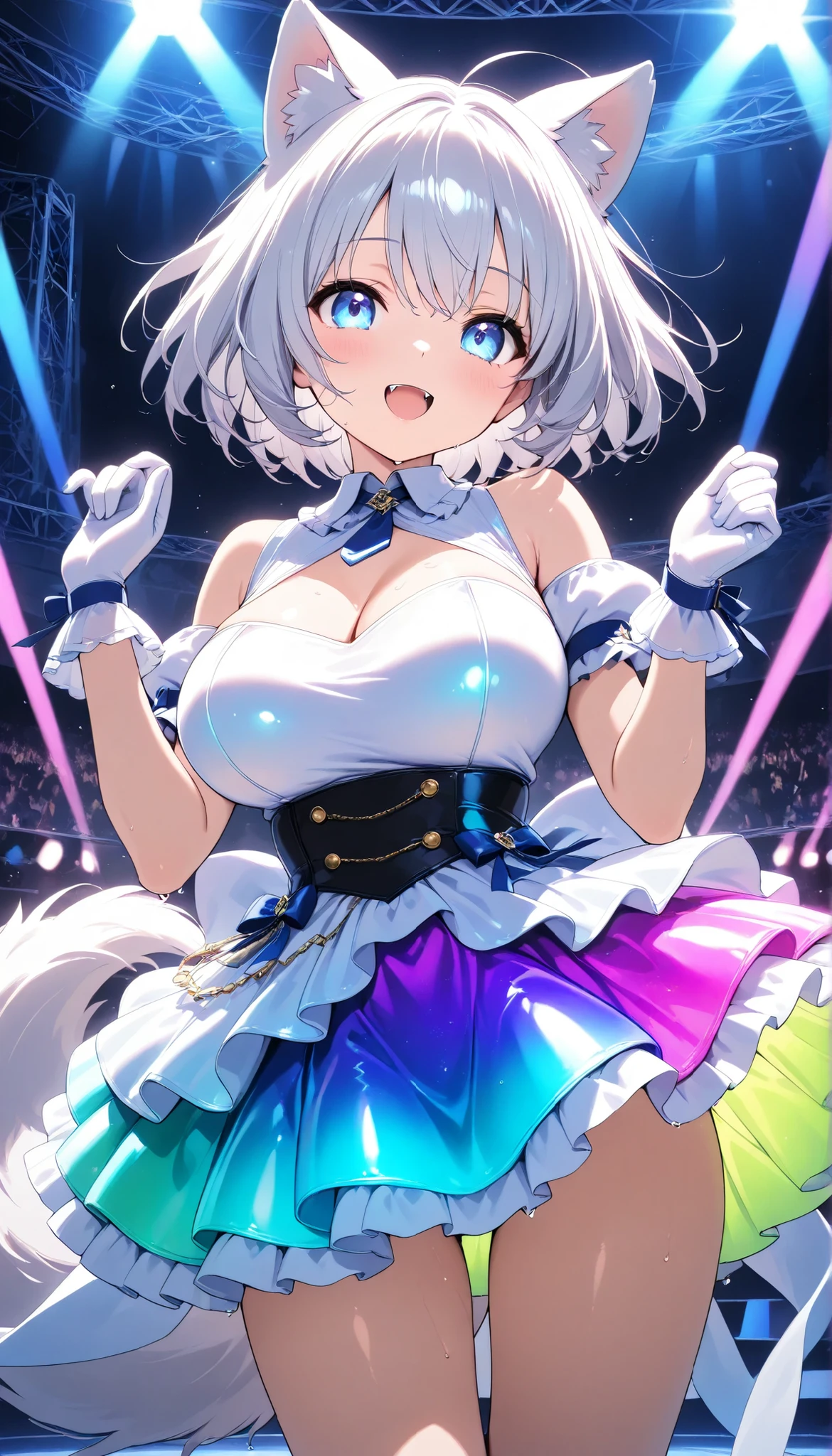 score_9, score_8_up, score_7_up, score_6_up, score_5_up, score_4_up, Embarrassed, (masterpiece:1.3, perfect details:1.3, best quality:1.3, 8k wallpaper), ((beautiful detailed eyes, clean eyes)), source_anime,
((1girl, wolf girl, white short hair, wolf tail,wolf ears, large breast, blue eyes, mouth with fangs)), (wet skin), looking at viewer, idol dress, singing on the stage, ((green Idol costumes, iridescent gradient dress, Iridescent Gloss Gradient dress)), idol-themed scene featuring young performers in dazzling, The performers should have dynamic, expressive poses, sparkling accessories, set on a glamorous stage with bright spotlights and a lively crowd in the background, steage, live stage, smile, Alluring expression, Music Stage, Festival