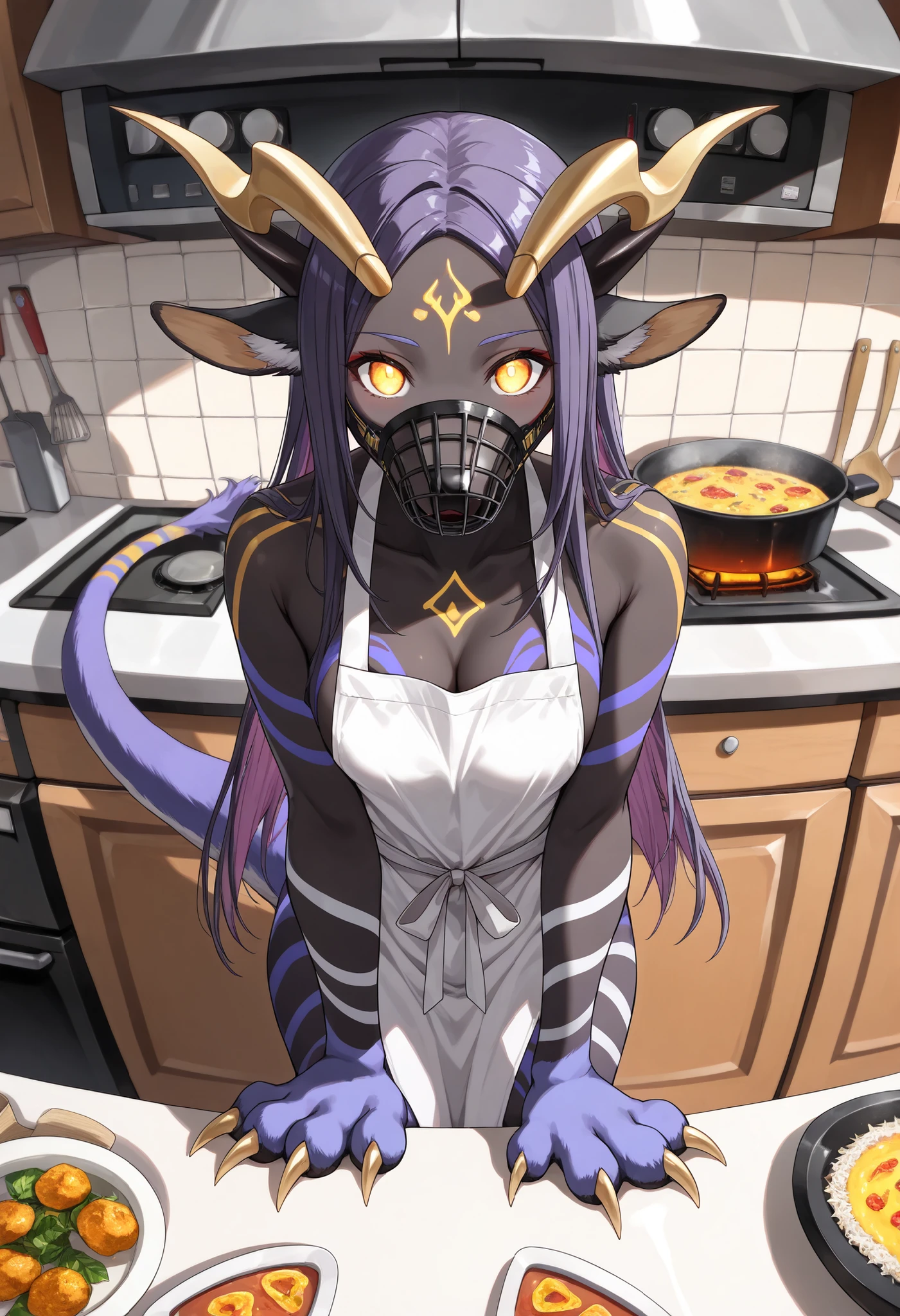 alone, score_9,score_8_up,score_7_up, anthro, female, Eothos, ((front view)), ((looking at viewer)), furred dragon, golden mark on forehead, front half of body black with golden stripes, black muzzle, black long black ears, long straight golden horns, golden glowing eyes without pupils, two purple stripes under eyes, golden eyebrows, back half of body purple, front legs orange, hind legs purple, long white claws on paws, long purple tail with white stripes, white tassel at end of tail,, wearing cooking apron, in kitchen, serving food.